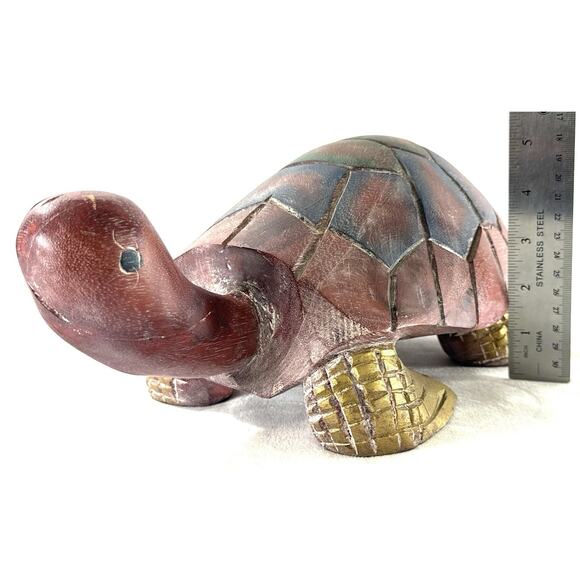 Hand-Carved Wooden Turtle Figurine 13” Painted Folk Art Animal Sculpture - Picture 2 of 7
